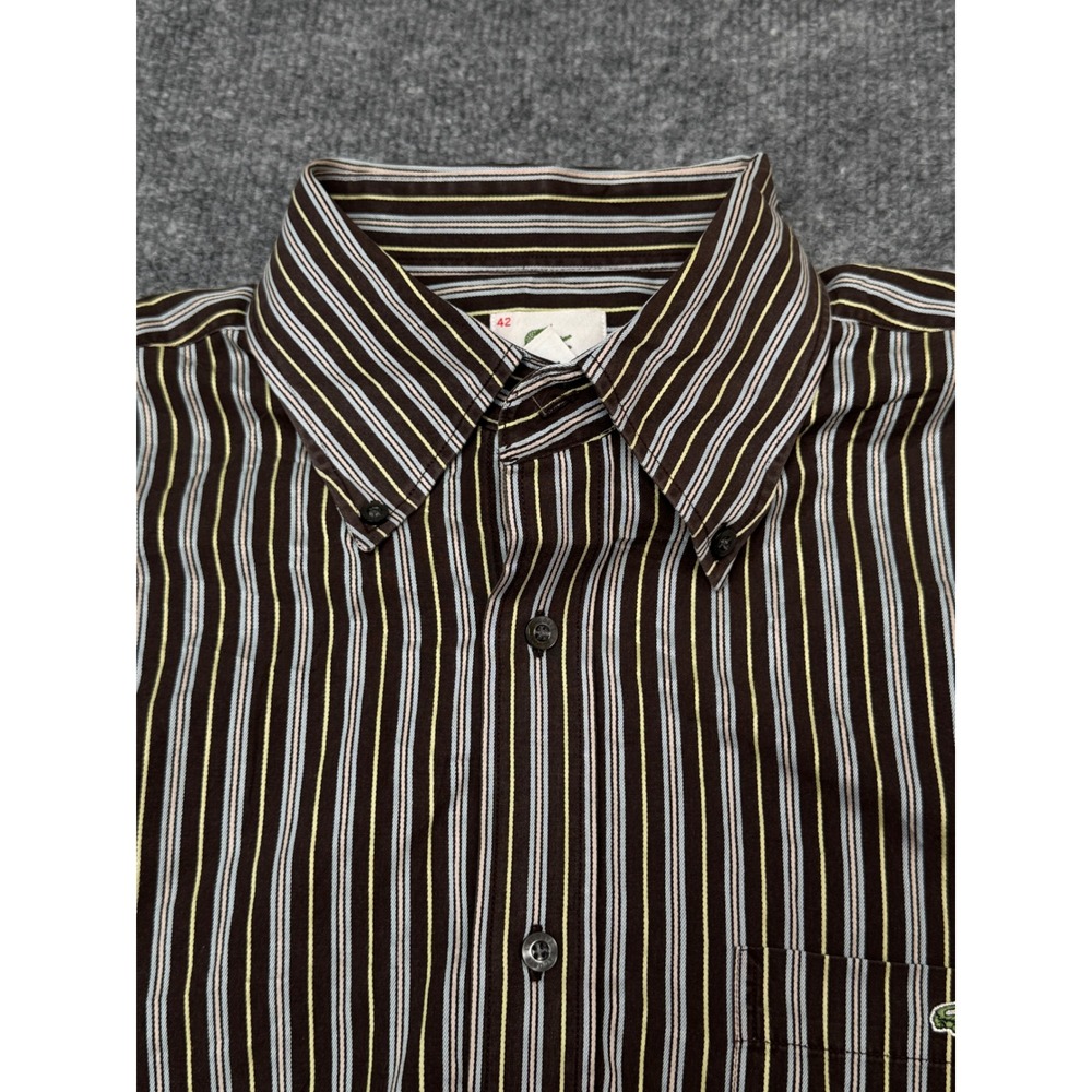 Lacoste Mens‎ Brown Striped Long Sleeve Button Down Shirt Size 42 L Cotton Logo